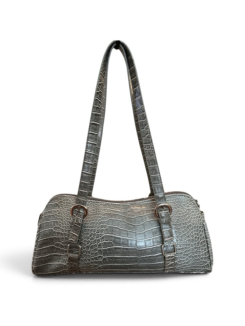 Women’s Gray Croc Pattern Shoulder Bag Zip Top Buckle Accent Silver Hardware